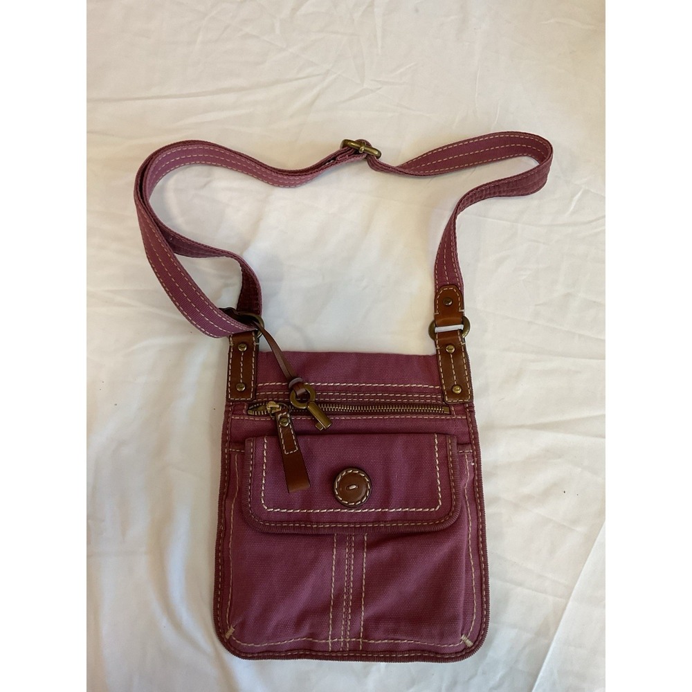 FOSSIL WOMENS BURGANDY PLUM CROSSBODY CANVAS SMALL PURSE
